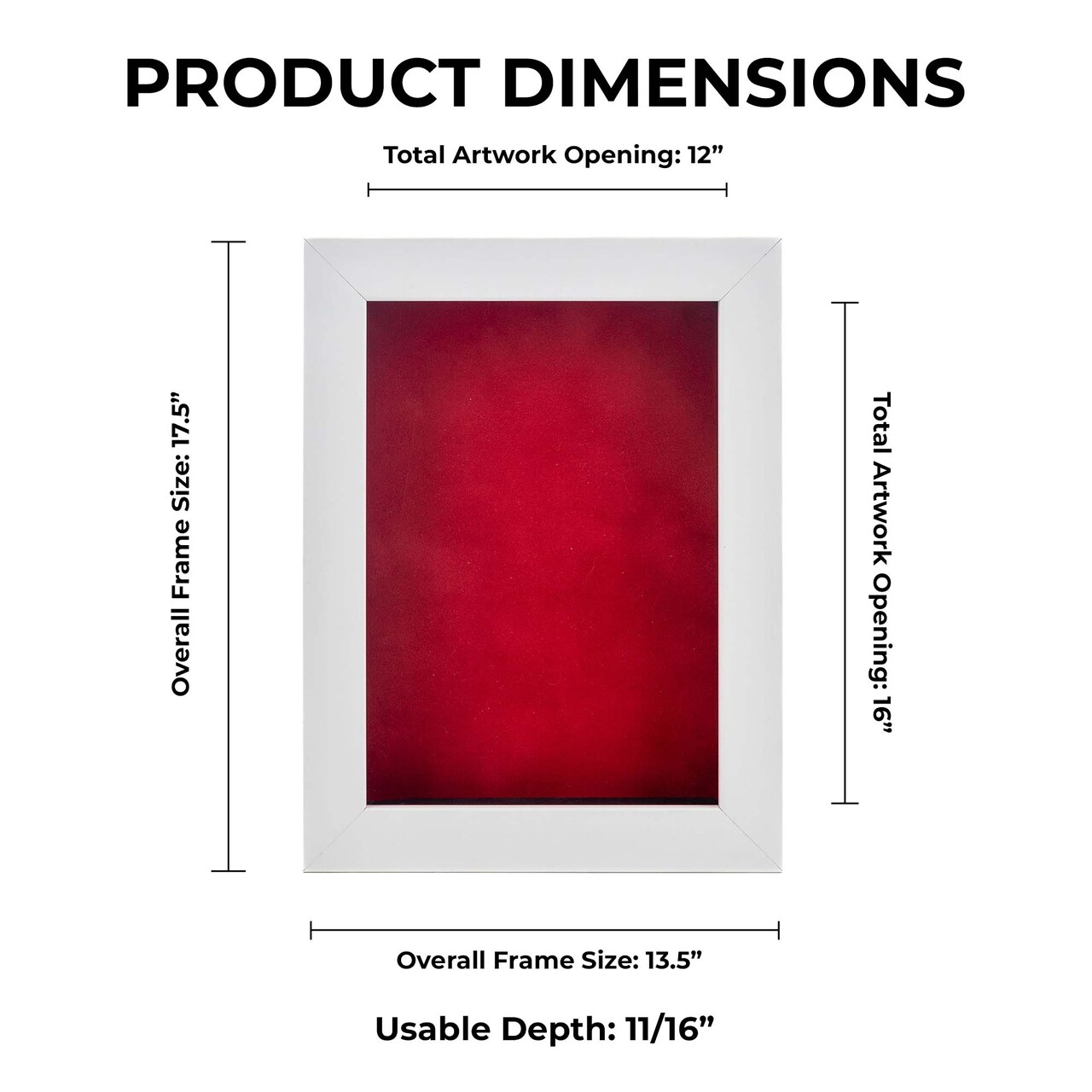 Classic White Wood Shadown Box Frame with Acrylic Front - Red Suede Backing, 30 Sizes